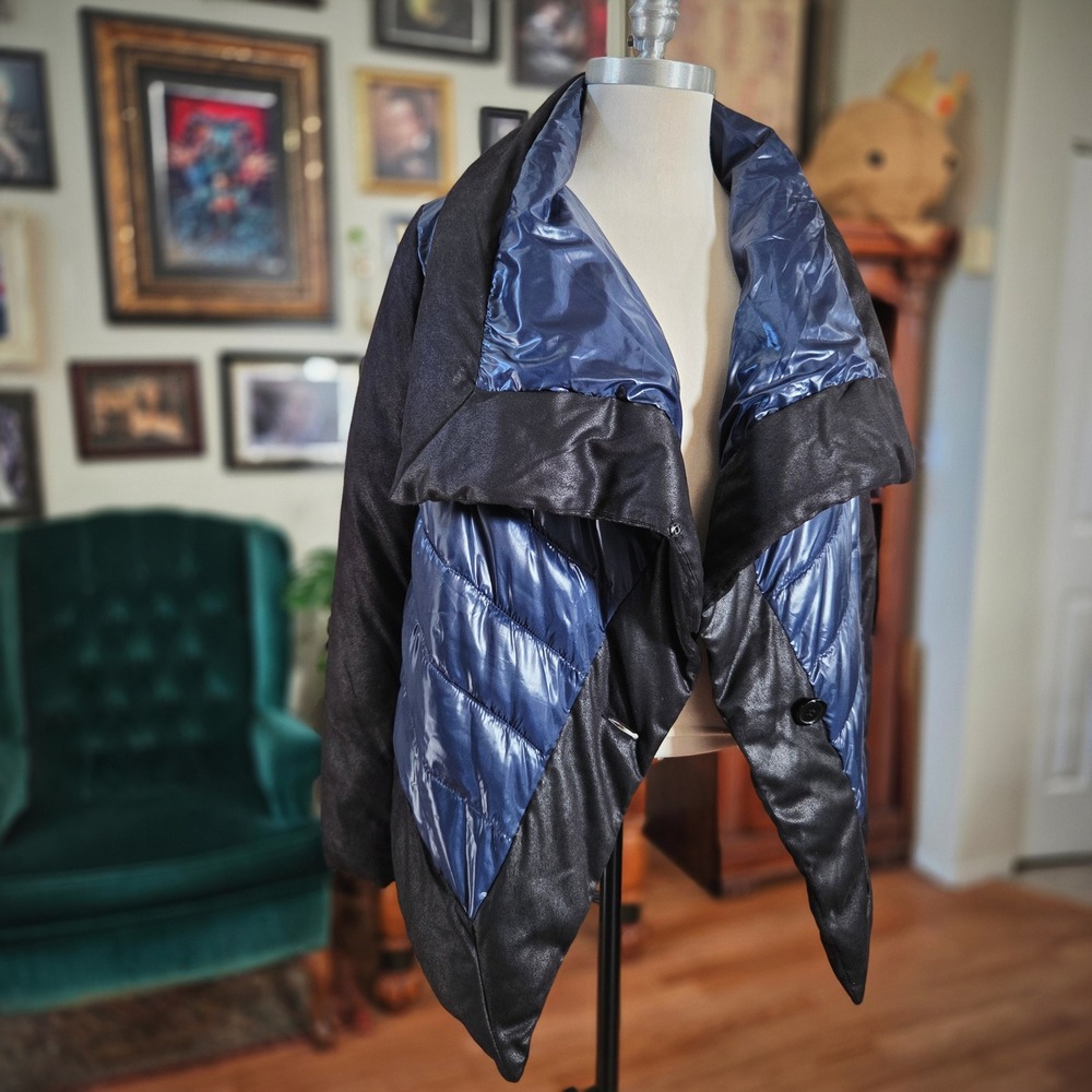 BB Dakota Quilted Draped Puffer Faux Leather Moto Jacket Waterfall Collar